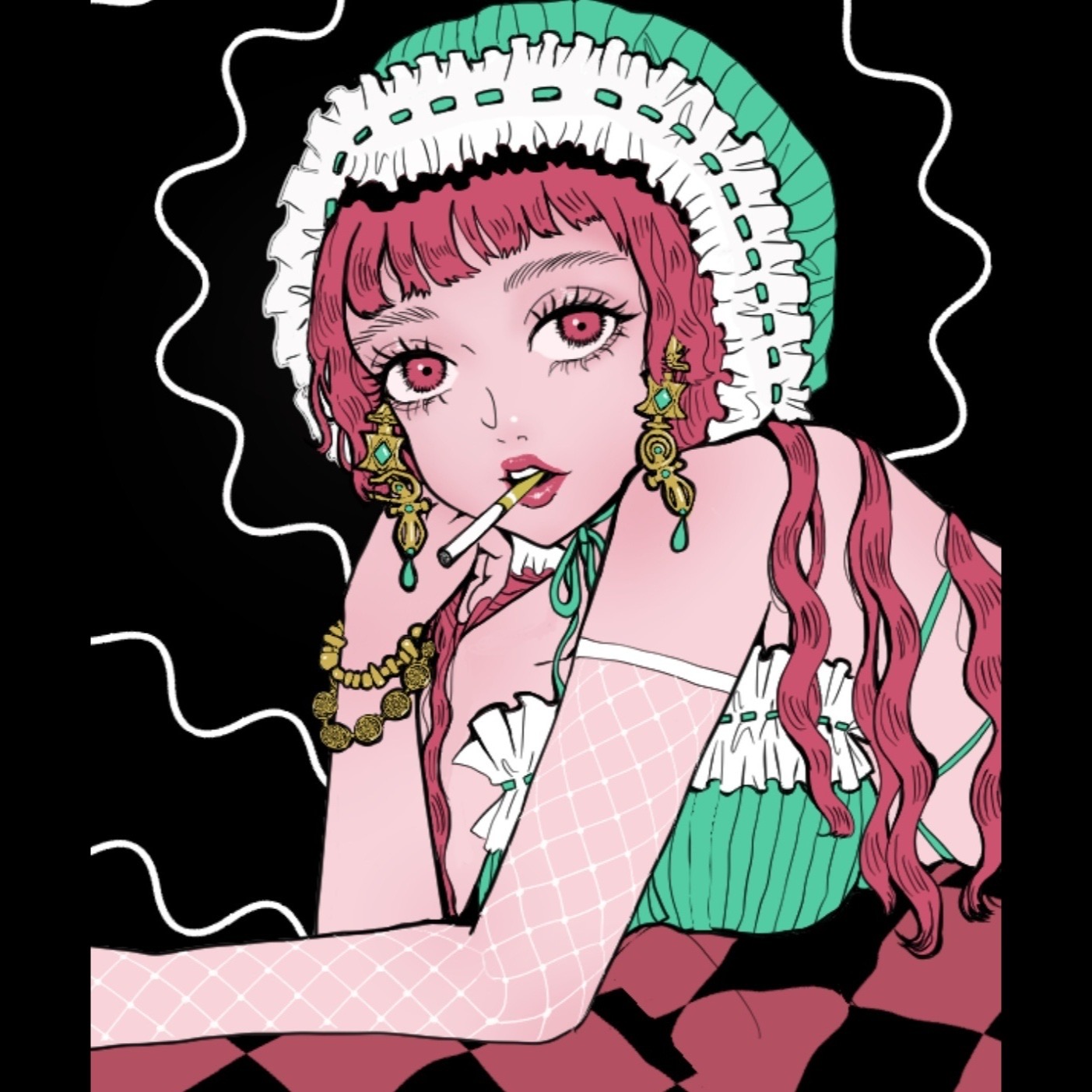 ベットに寝そべる女の子のイラスト