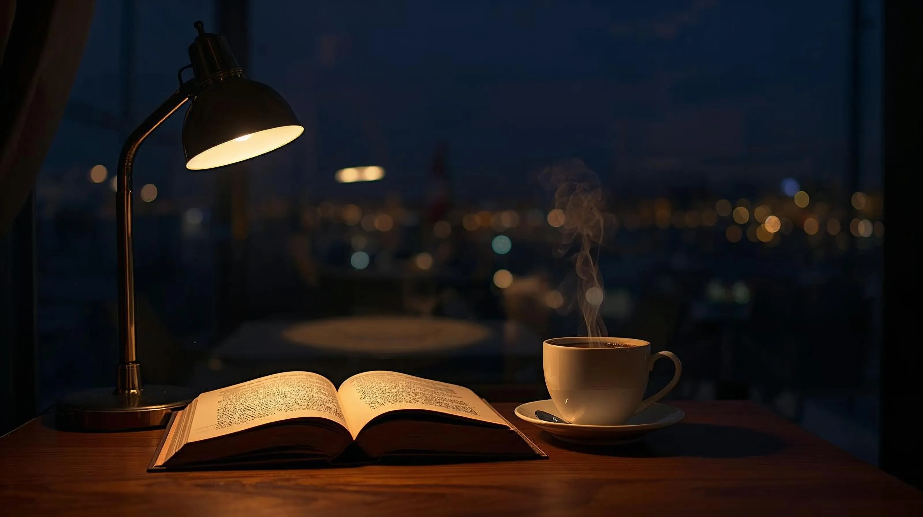 ランプに照らされる本とコーヒー