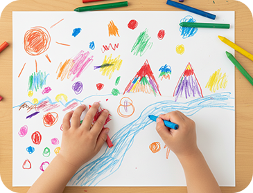 クレパスで絵を描く様子